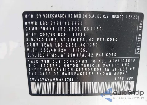 2021 Volkswagen Tiguan 2.0T Se/2.0T Se R-Line Black/2.0T Sel from USA, damaged, VIN 3VV3B7AX8MM048796